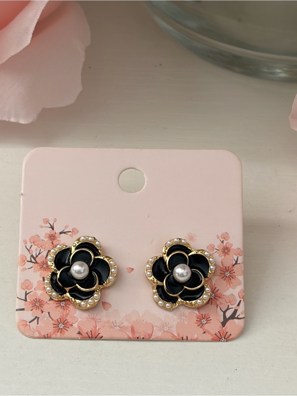 Black Camellia Flower Pearl Stud Earrings | Gold Tone Floral Statement Earrings